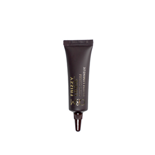 Dark brown tube of Frizzy Logic hair serum on a white background